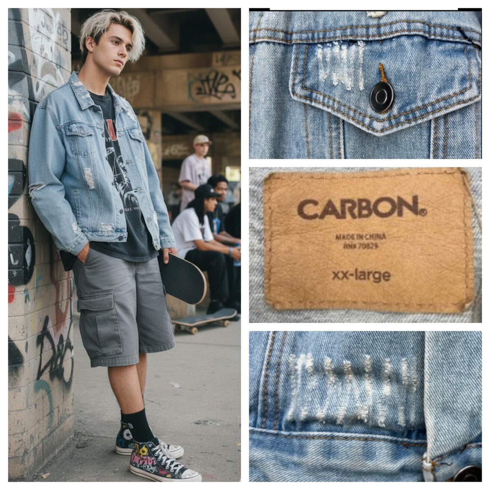 Carbon 2 Cobalt Distressed Denim Jean‎ Jacket Men XXL Trucker Blue Grunge Rugged